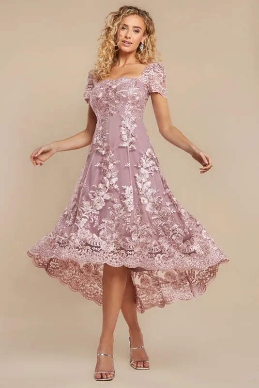 Scalloped Neck Embroidered Lace High Low Midi Dress - Goddiva