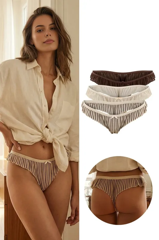 3 Pack Striped Knitted Bikini Briefs with Frill Detail - WOVCOR
