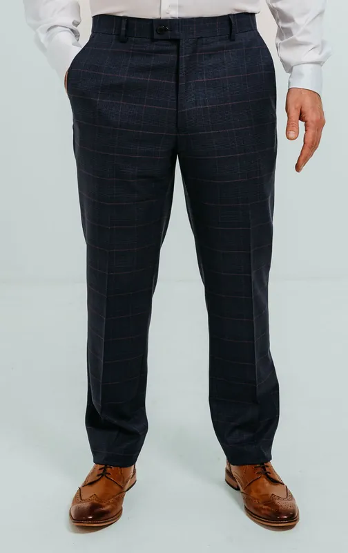 Navy with Pink Check Suit Trousers - Dobell