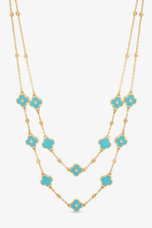 Gold Plated and Turquoise Clover Double Row Necklace - Mood