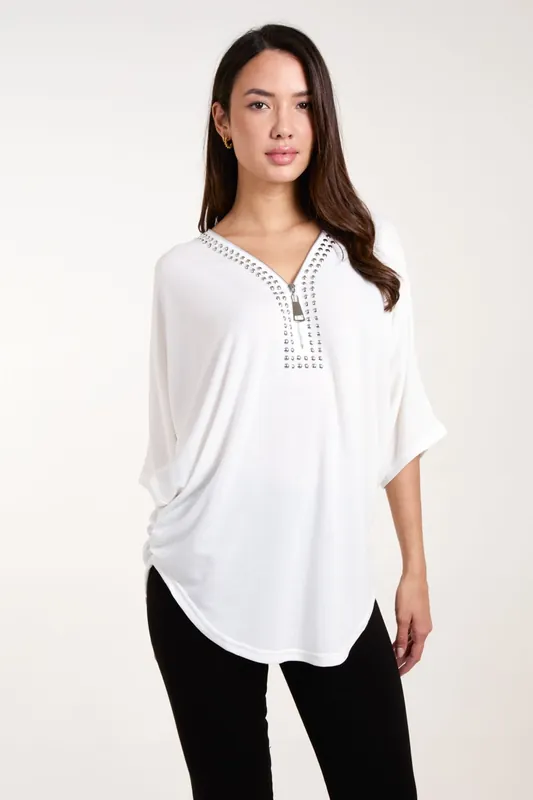 Studded Zip Front Top - Blue Vanilla