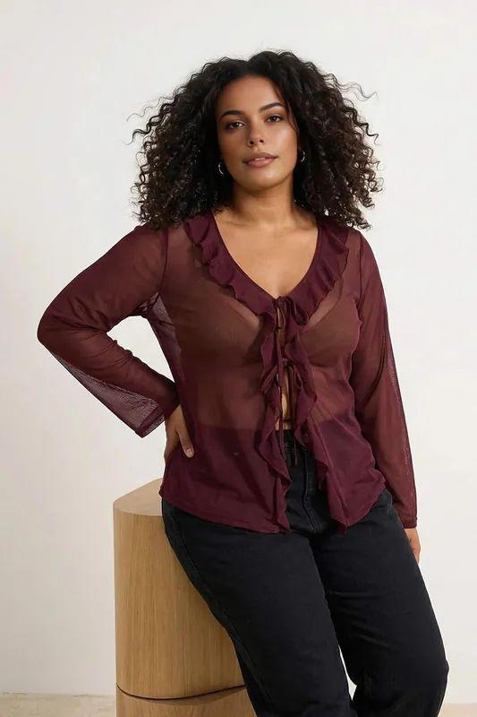 Sheer Mesh Tie Front Frill Detail Long Sleeve Blouse - WOVCOR
