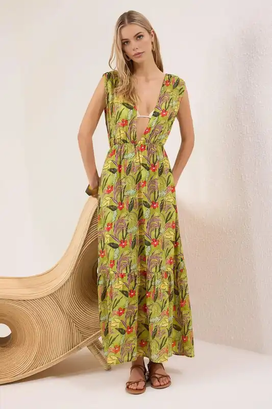 Backless Maxi Beach Dress with Tie Detail - WOVCOR
