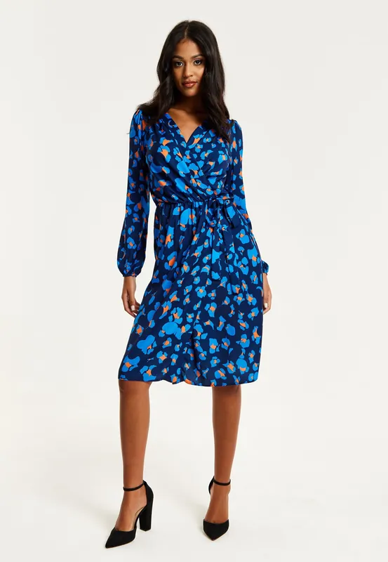 Blue Abstract Print Midi Fake Wrap Dress - Liquorish
