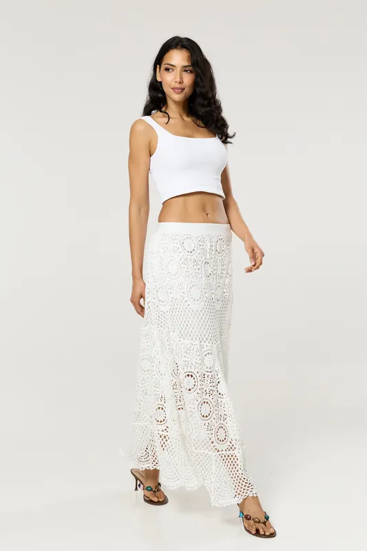 Cream Crochet Knit Midi Skirt - Liquorish
