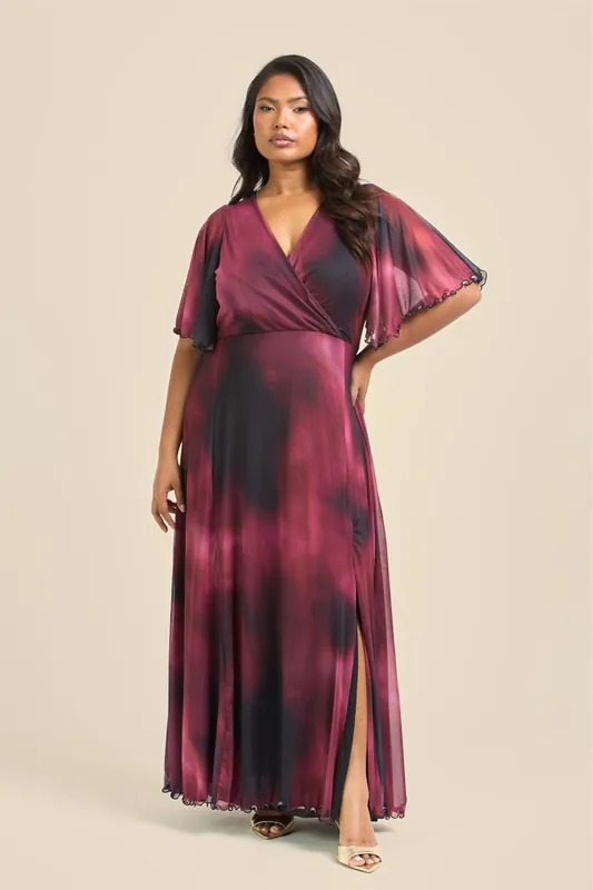Curve Angel Sleeve Wrap Front Maxi Dress In Berry Abstract Print - FASHION-SZN