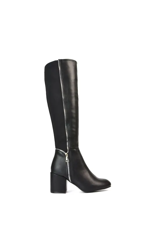 Ronald' Silver Zip Up Knee High Boots With Mid Block Heel - XY London