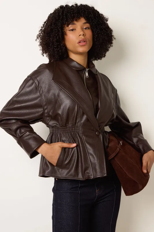 Brown Collared Shirred Waist Faux Leather Jacket - Blue Vanilla