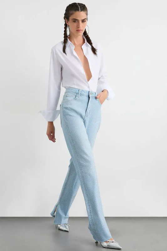 Mid Rise Side Slit Diamente Straight Leg Jeans - Hiccup