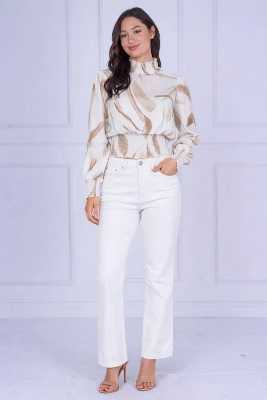 Sand Brushstroke Smocked High Neck Blouse - Love Sunshine
