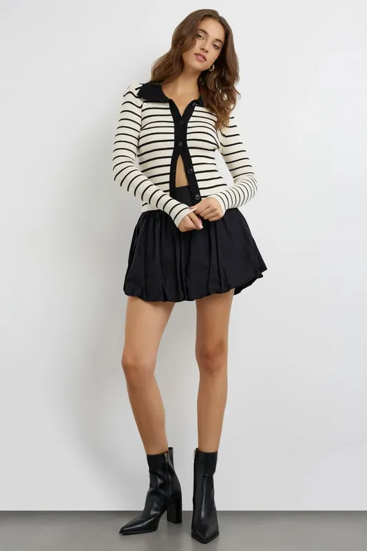 Striped Buttoned Polo-Neck Cardigan
