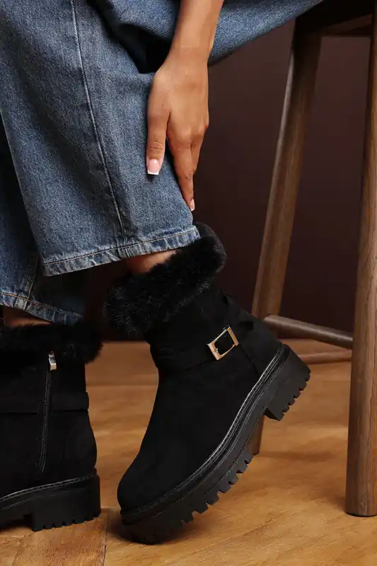 Rayne' Suede Low Heel Ankle Boots with Faux Fur Cuff Buckle Detail - Where's That From