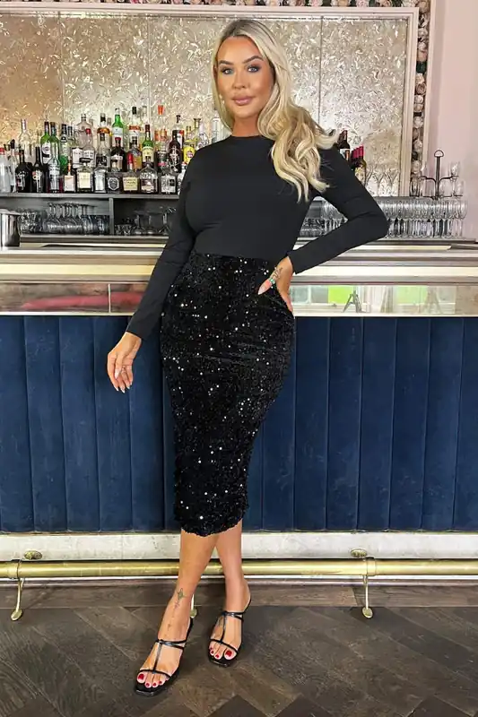 Black Velvet Sequin 2 in 1 Long Sleeve Midi Dress - AX Paris