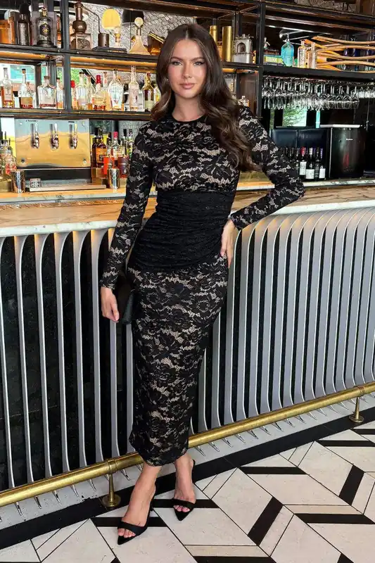 Black Lace Contrast Draped Waist Midi Dress - AX Paris