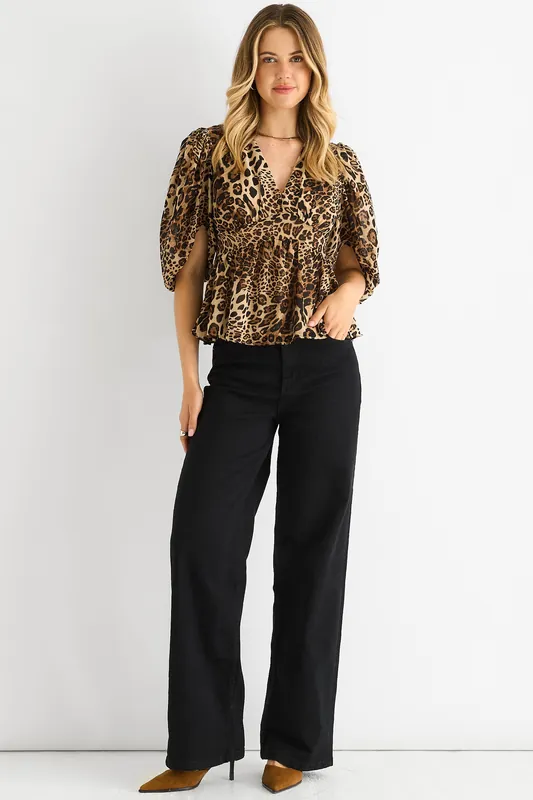 Brown Animal Print V Neck Peplum Blouse - Gini London