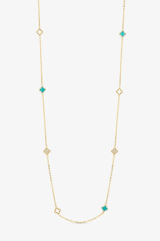 Gold Plated and Turquoise Long Station Clover Necklace - Jon Richard