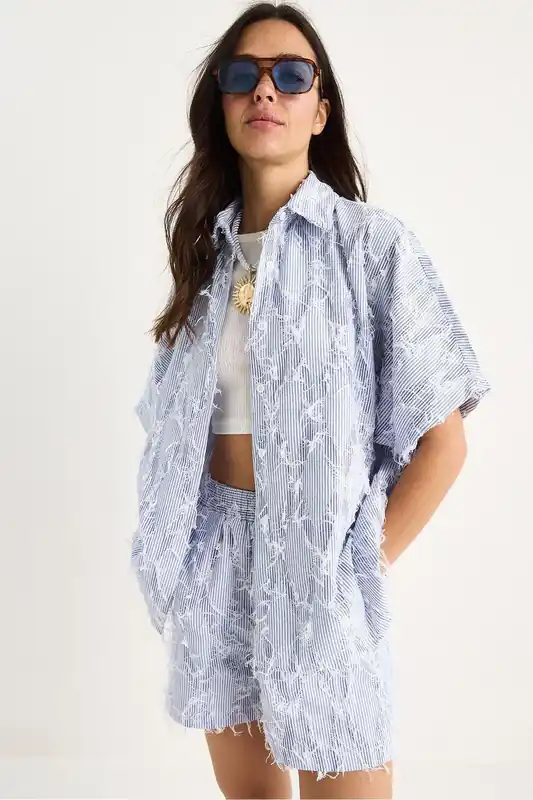 Oversized Striped Co-ord Set with Frilly Detail