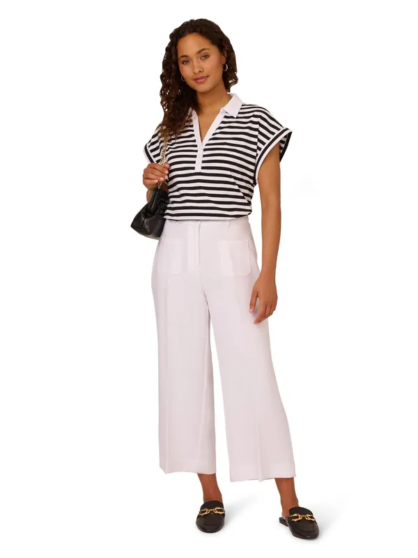 Striped Button Front Striped Cropped Knit Polo - Adrianna Papell