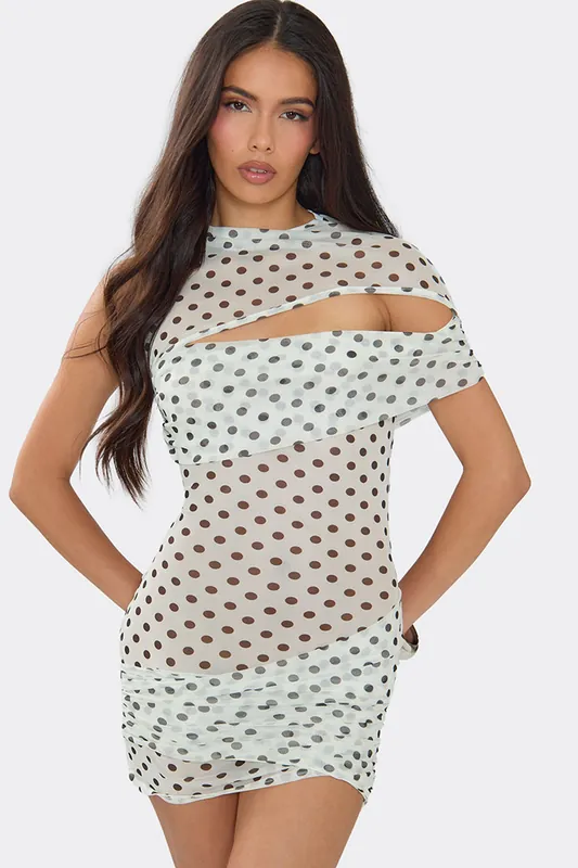 Sleeveless Cut Out Polka Dot Mesh Mini Dress - EGO