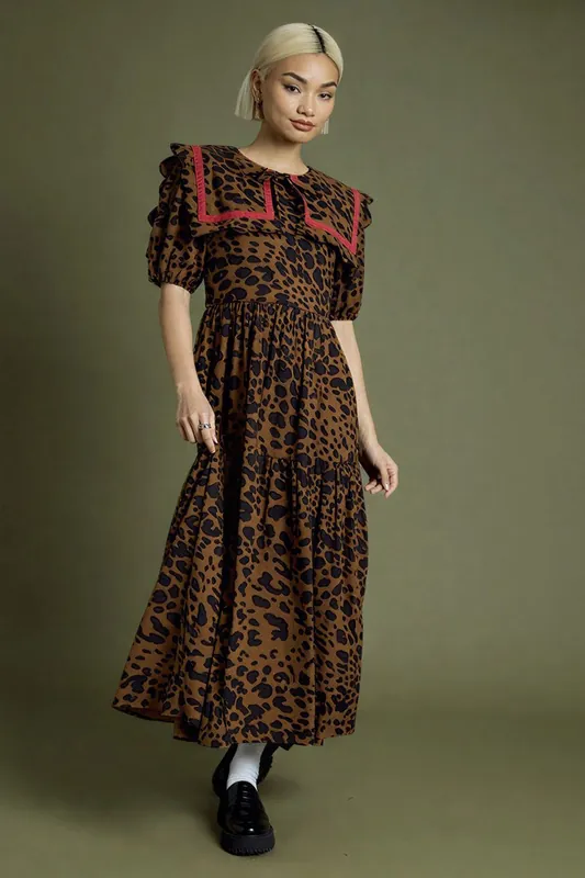 Cotton Leopard Print Crochet Trim Midi Dress - Neon Rose
