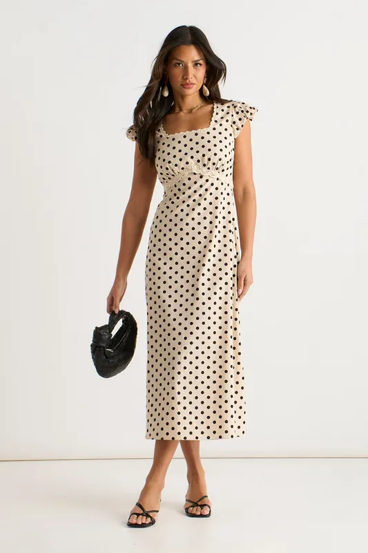Cream Cotton Spot Print Lace Trim Midi Dress - Gini London