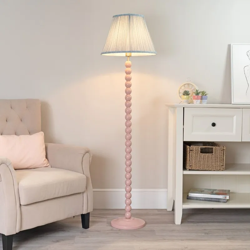 Bobbins Painted Rose Pink Floor Lamp with Tapered Fabric Pleated Shade - ValueLights