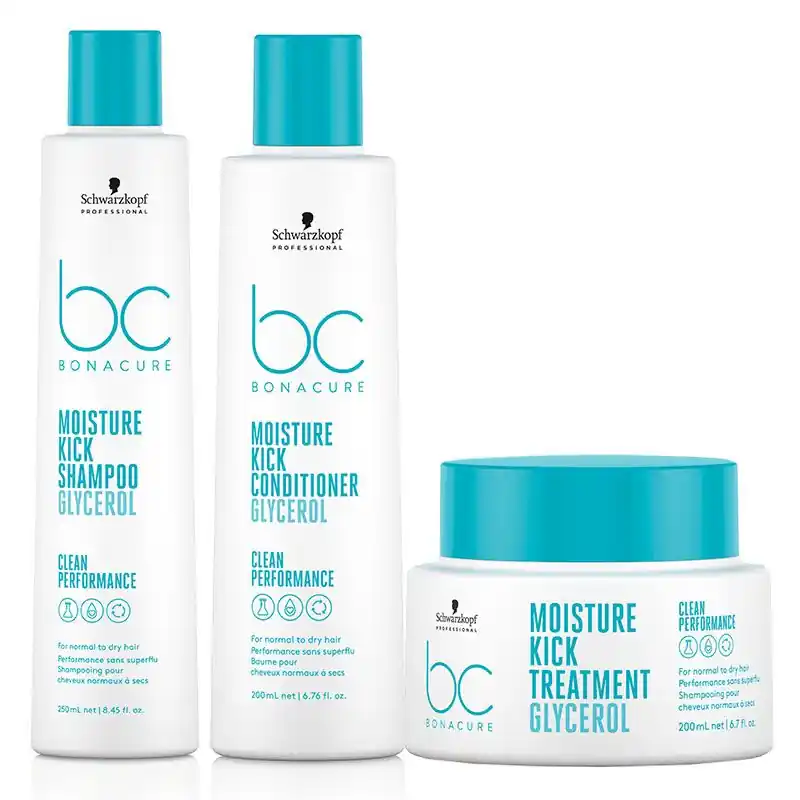BC Clean PACK Moisture Kick Shampoo 250ml, Conditioner 200ml and Treatment 200ml - Schwarzkopf