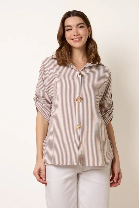 Taupe Gold Shell Button Front Stripe Shirt - Blue Vanilla