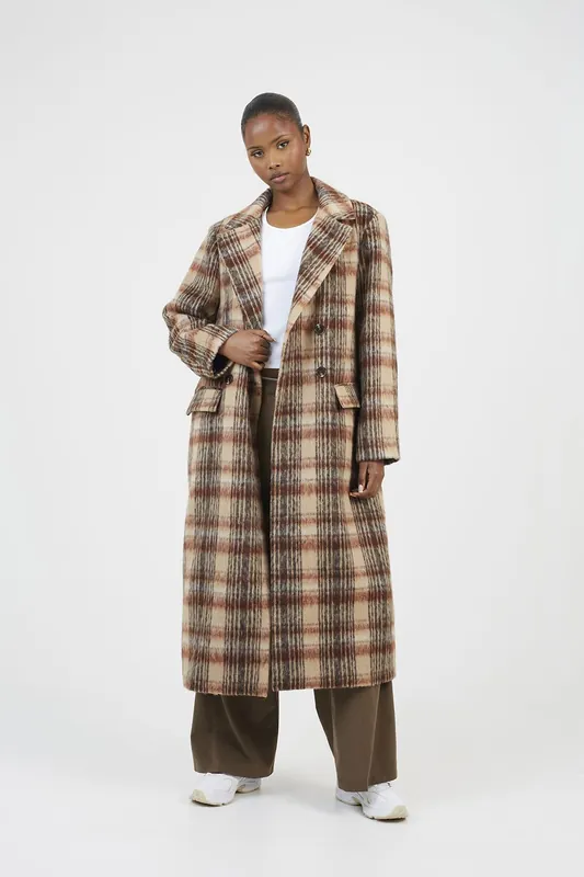 Double Breasted Faux Wool Maxi Check Coat - Brave Soul