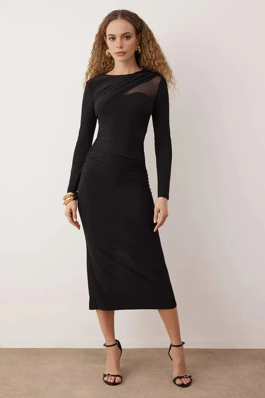 Knitted Long Sleeve Midi Dress with Sheer Panel Detail - WOVCOR