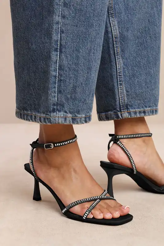 Kenia' Square Toe Low Block Heel With Diamante Cross Over Strap Detail - Where's That From
