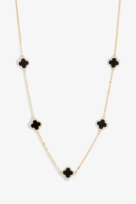 Gold Plated And Jet Station Clover Necklace - Jon Richard