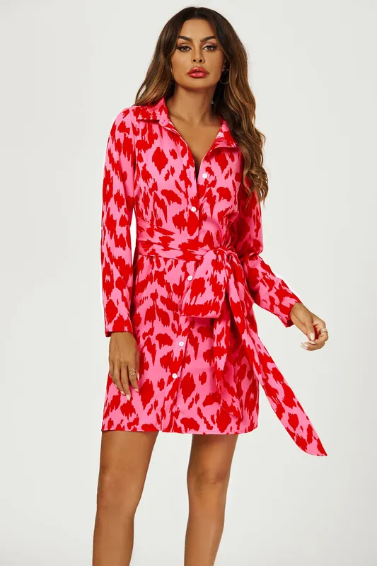 Abstract Print Shirt Mini Wrap Dress In Pink - FS Collection