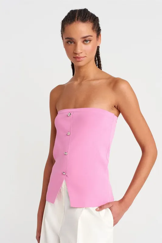 Strapless Ribbed Knit Crop Top With Buttons - Dilvin
