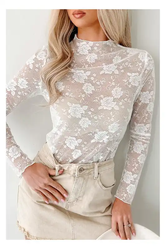White Sheer Floral Lace Mesh Mock Neck Long Sleeve Top - Everyday The Label