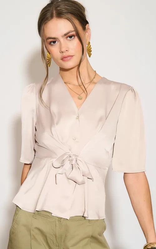 Beige Short Sleeve Knotted Crepe Satin Top - Love Sunshine