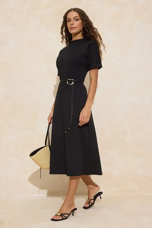 D-Ring Belt Crew Neck Short Sleeve A-Line Midi Dress