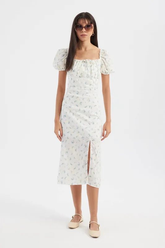 Floral Square Neck Puff Sleeves Midi Dress with a Side Slit - Hiccup
