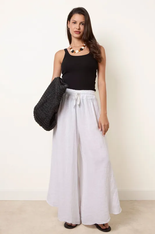 White Extreme Wide Leg Linen Trousers - Blue Vanilla