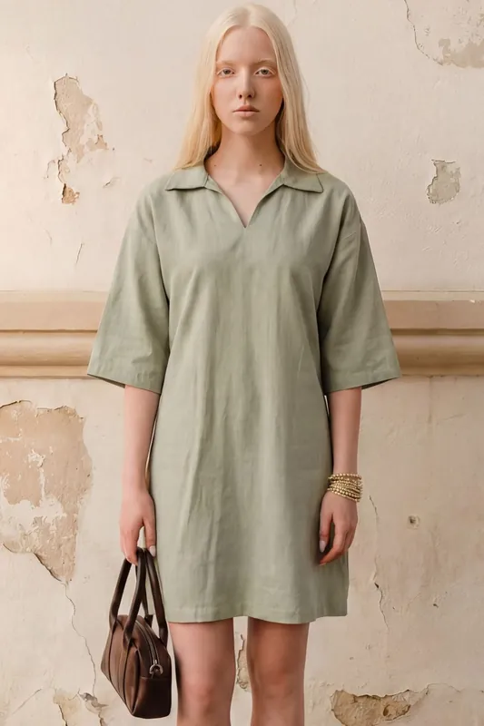 Polo Collar Mini Dress with Three Quarter Sleeves - MyFashion
