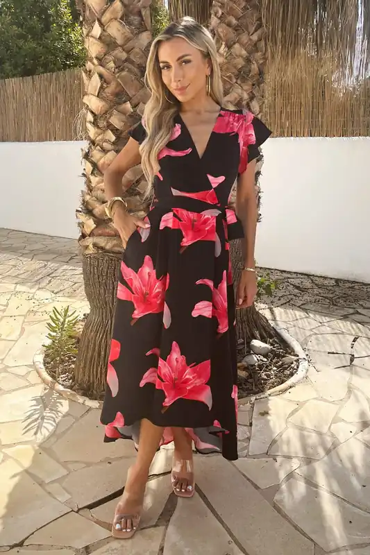 Black And Cerise Floral Print Belted Wrap Midi Dress - AX Paris