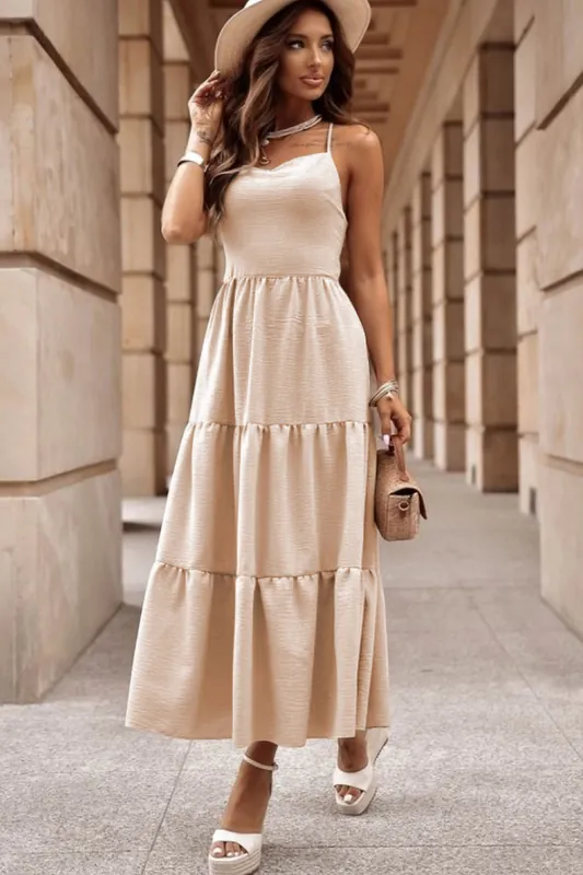 Oatmeal Crossover Backless Bodice Tiered Maxi Dress - Everyday The Label