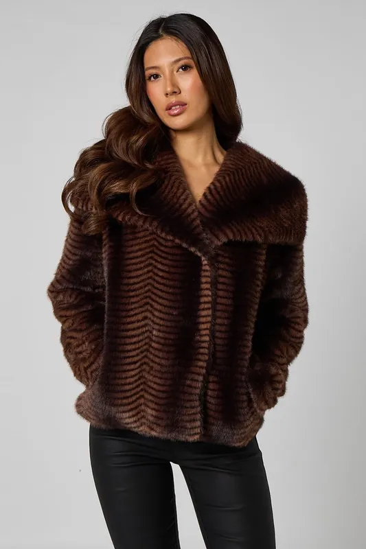 Brown Pattern Stripe Faux Fur Jacket - Urban Bliss