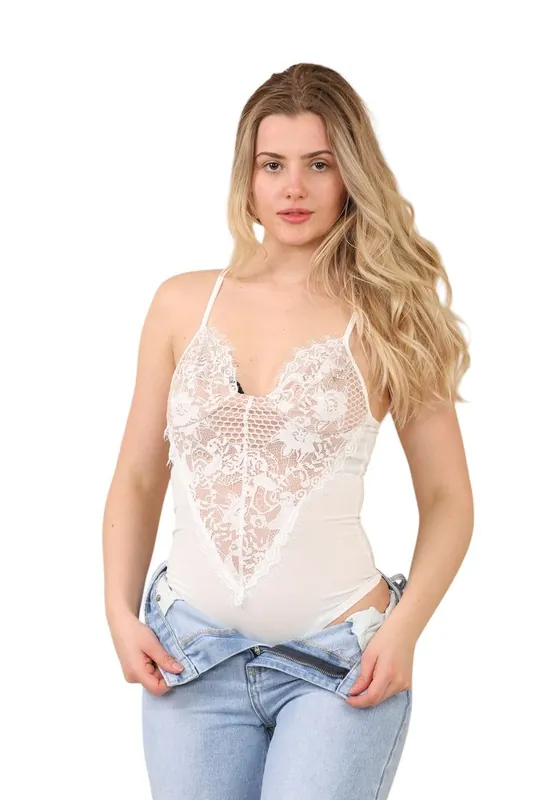Lace Front Bodysuit Sheer V-Neck Sleeveless Top