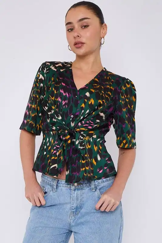 Emerald Leopard Print Knotted Satin Top - Love Sunshine
