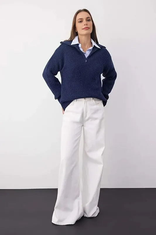 Soft Textured Long Sleeve Zip Neck Knit Sweater - WOVCOR