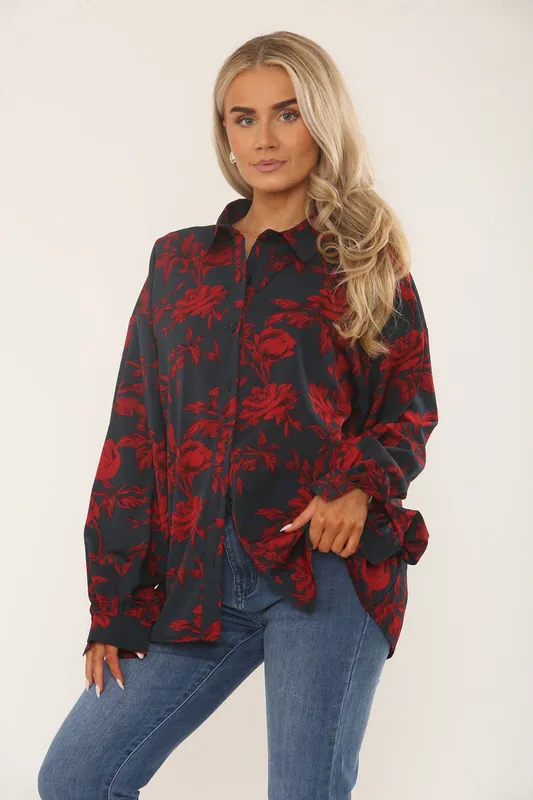Black & Red Floral Print Oversized Blouse - ELAINA FASHION