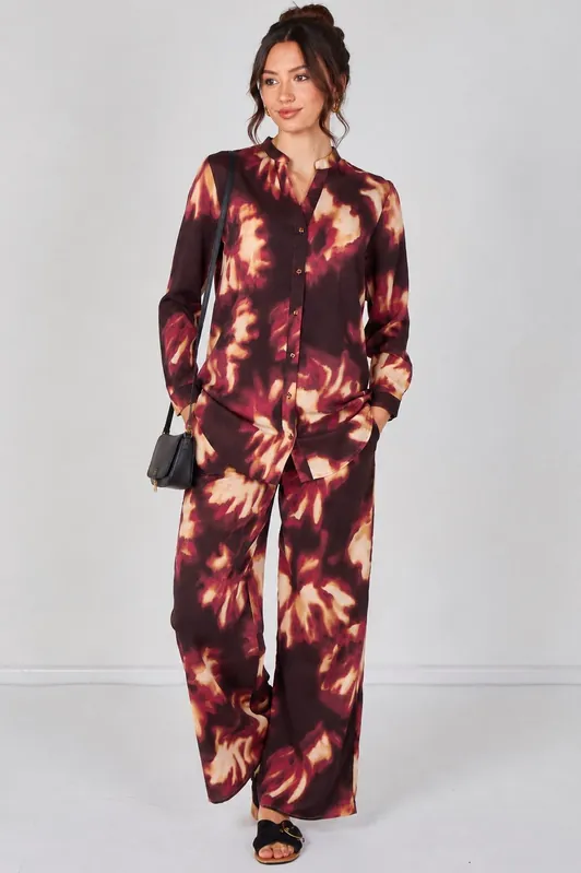 Burgundy Abstract Print Shirt and Trouser Co-Ord Set