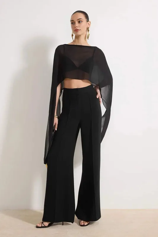 Sheer Chiffon Cape Crop Blouse with Draped Sleeve Detail - WOVCOR