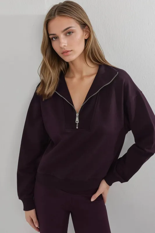 Relaxed Fit Zipper Collar Sweatshirt - Busem